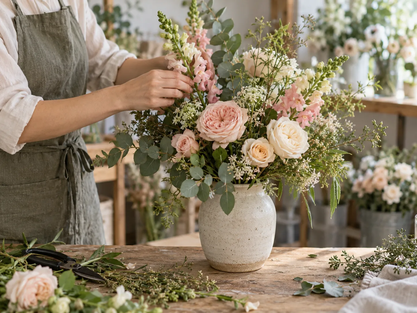 Fresh flowers being arranged on a florist's worktable