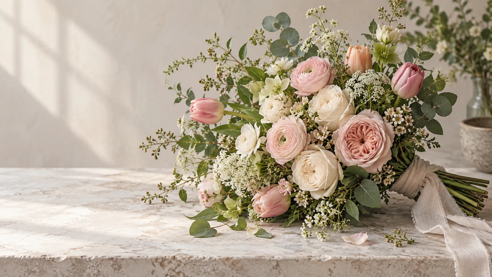 Blush and cream flowers arranged with soft greenery